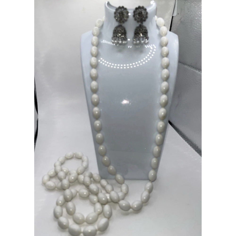 Vintage-Style White Beaded Necklace & Oxidized Silver Jhumka Earring Set‎